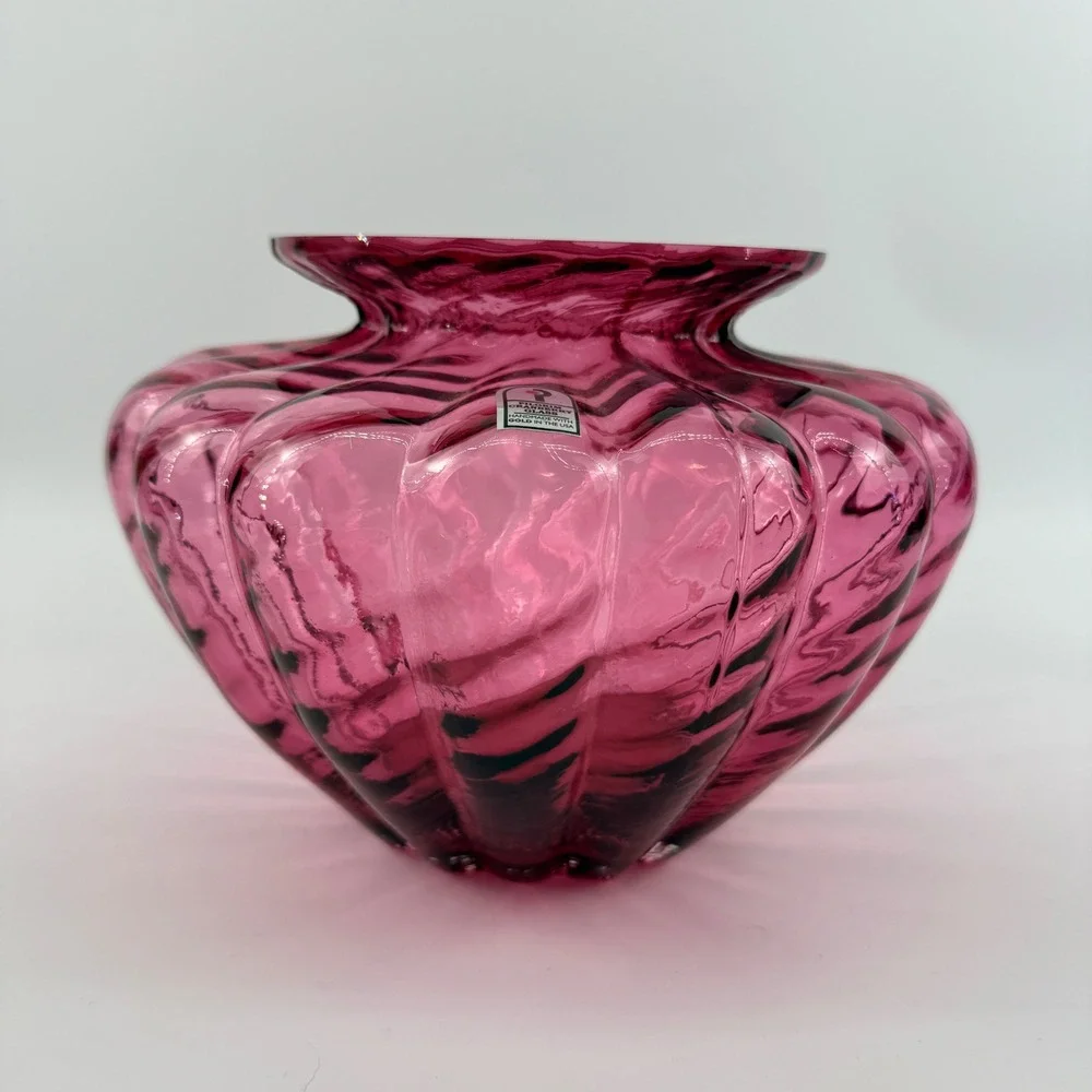 Pilgrim Cranberry Glass Hand Blown Ribbed Art Glass Vase Large Label USA